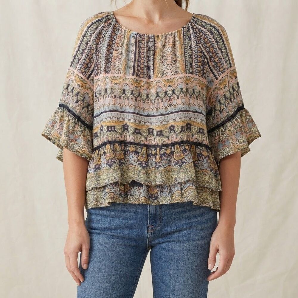 Pretty Democracy Blouse XL Navy Blue Peach Geometric Ruffles Crochet Sheer